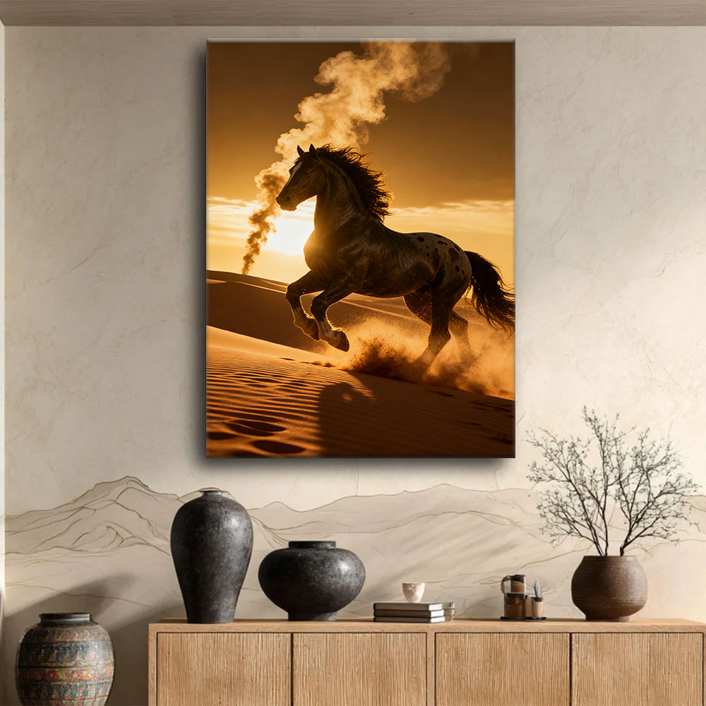 Dune Fire horse wall art, displayed above a wooden console.