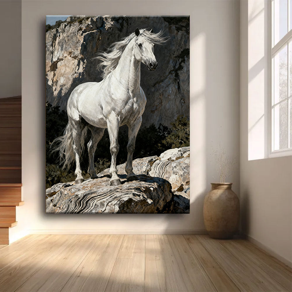 White Horse at the Rocks horse wall art, front view in a softly lit room.
