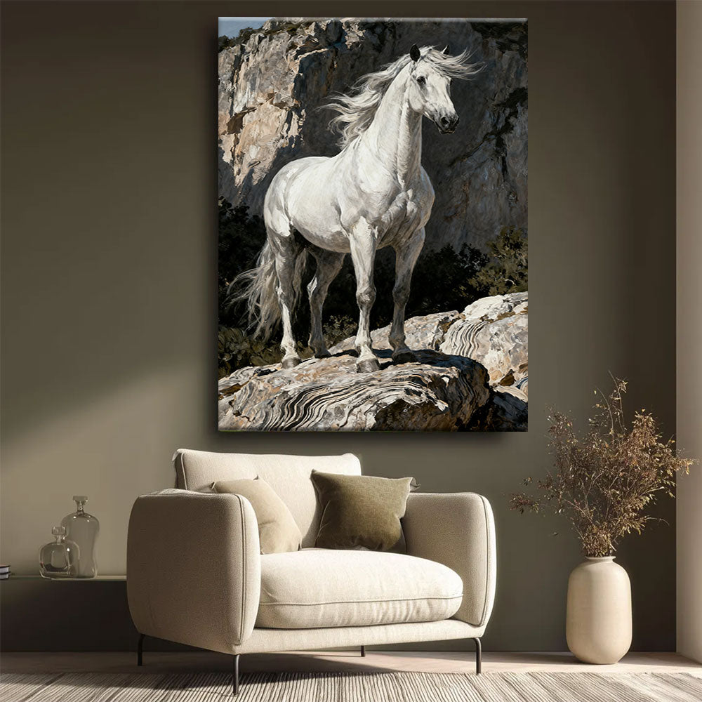 White Horse at the Rocks horse wall art, styled beside a neutral armchair.