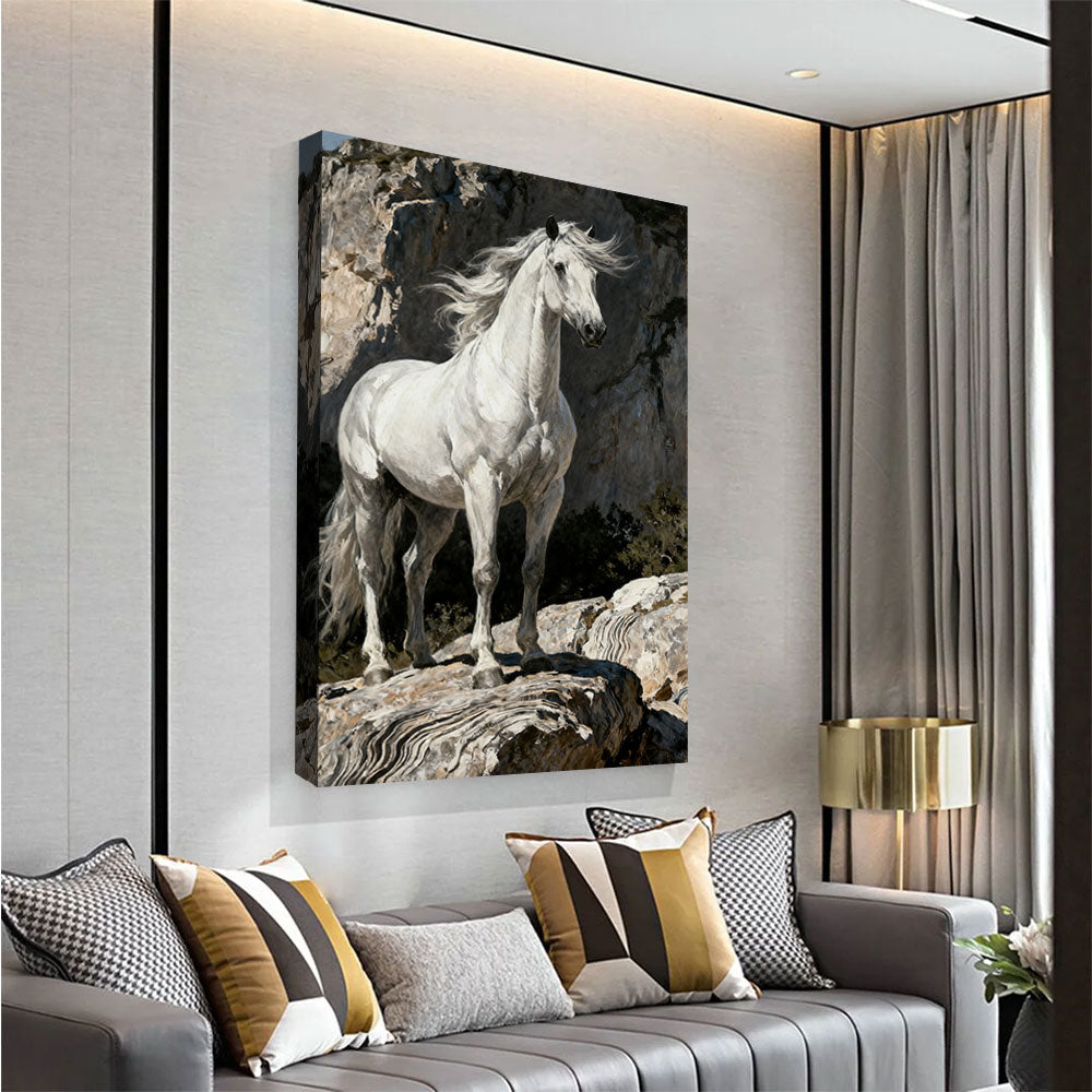 White Horse at the Rocks horse wall art, angled view above a neutral sofa.