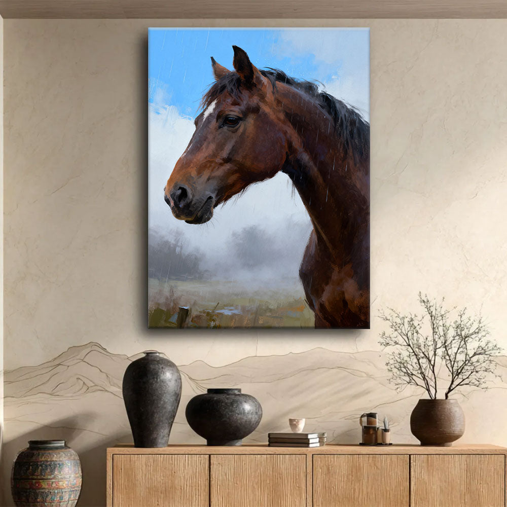 Quiet Gaze horse wall art, displayed above a wooden console.