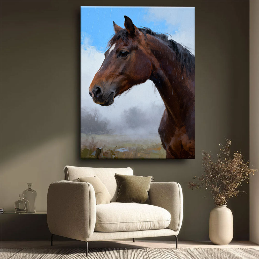 Quiet Gaze horse wall art, styled beside a neutral armchair.