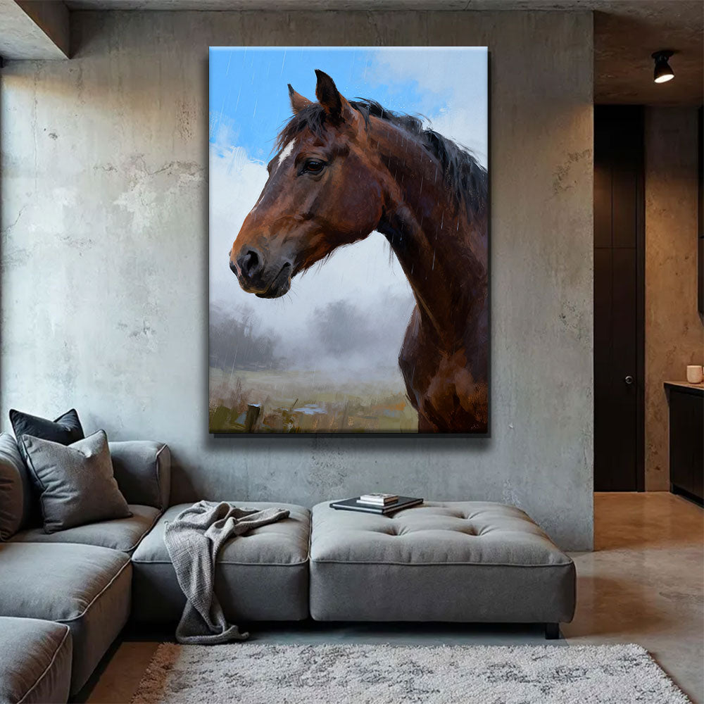 Quiet Gaze horse wall art, displayed above a gray sofa.