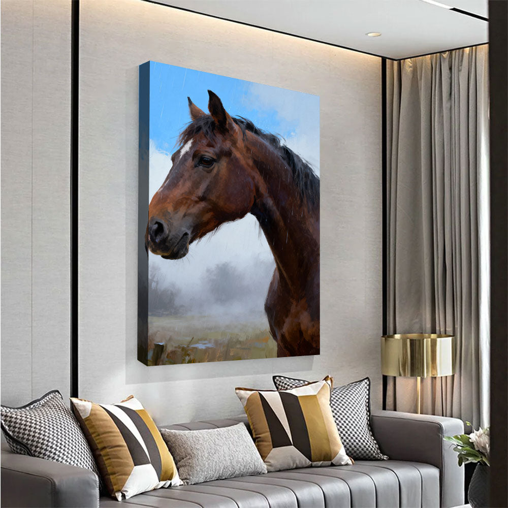 Quiet Gaze horse wall art, angled view above a neutral sofa.
