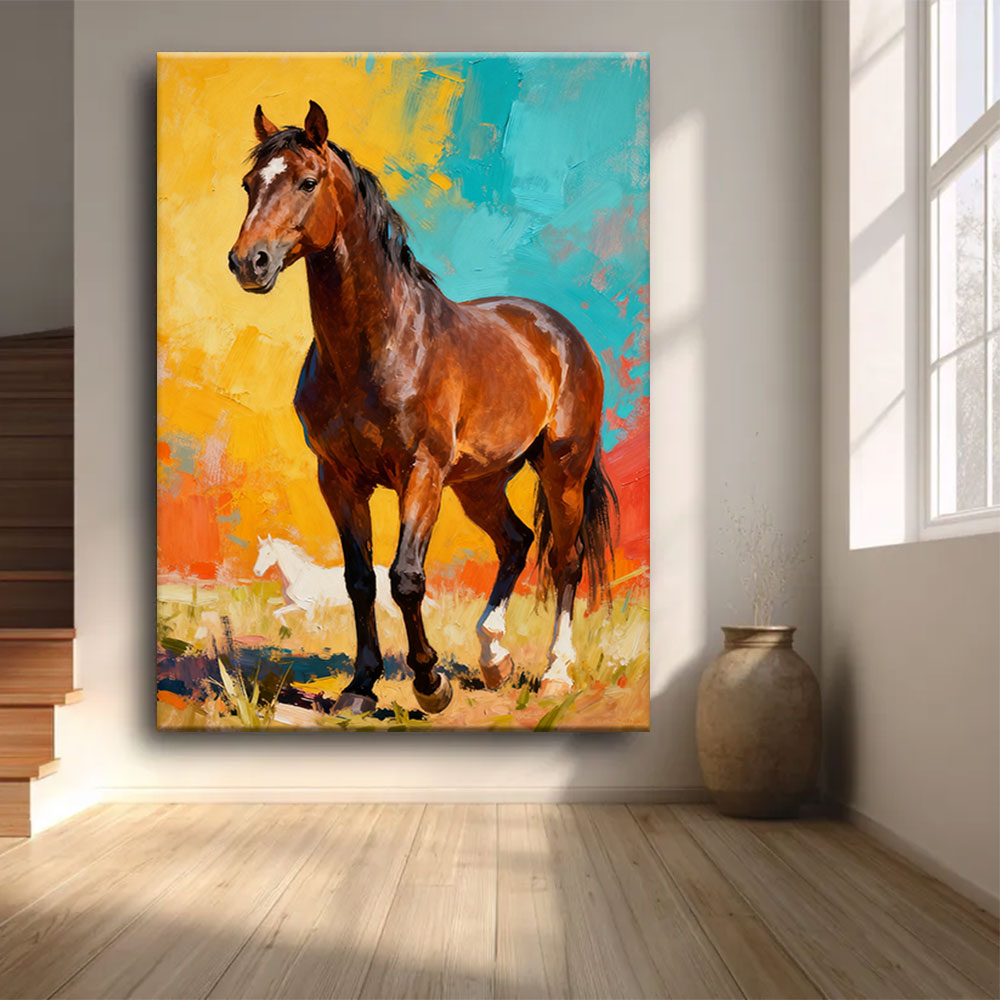 Colorfield Horse horse wall art, front view in a softly lit room.