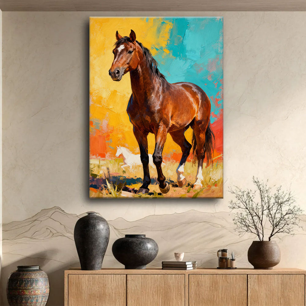 Colorfield Horse horse wall art, displayed above a wooden console.
