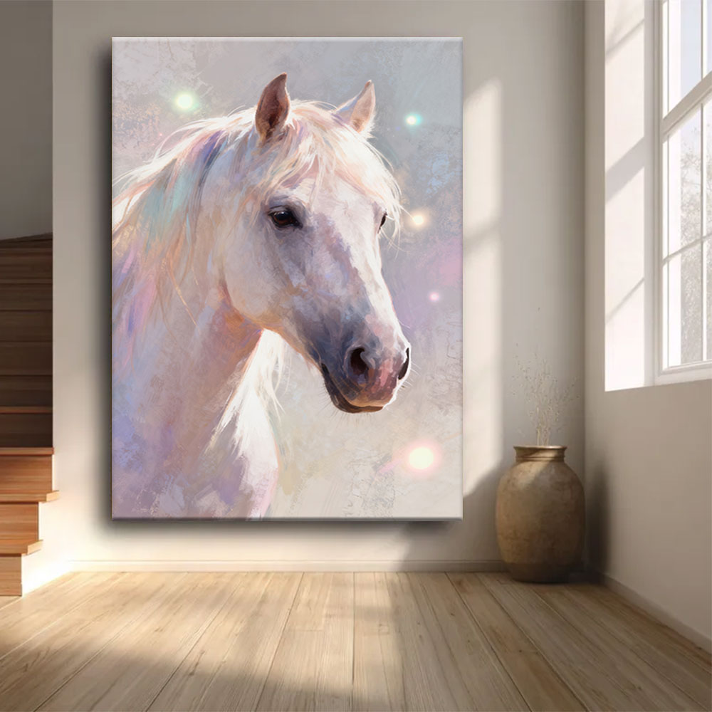 Pearl Daydream horse wall art, front view in a softly lit room.