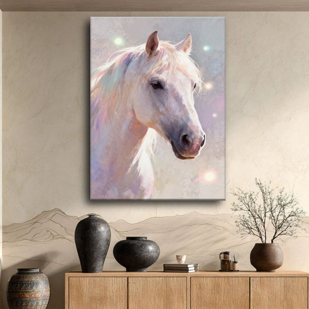 Pearl Daydream horse wall art, displayed above a wooden console.
