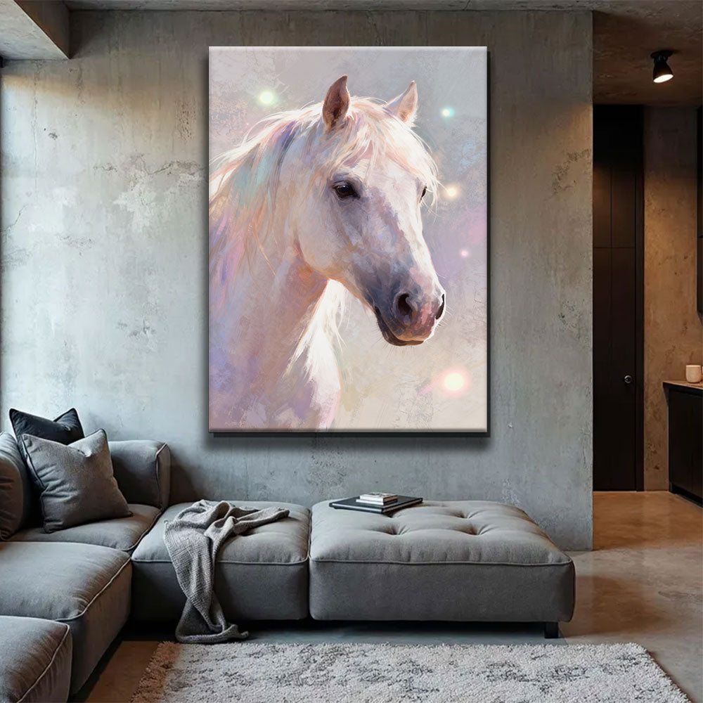 Pearl Daydream horse wall art, displayed above a gray sofa.
