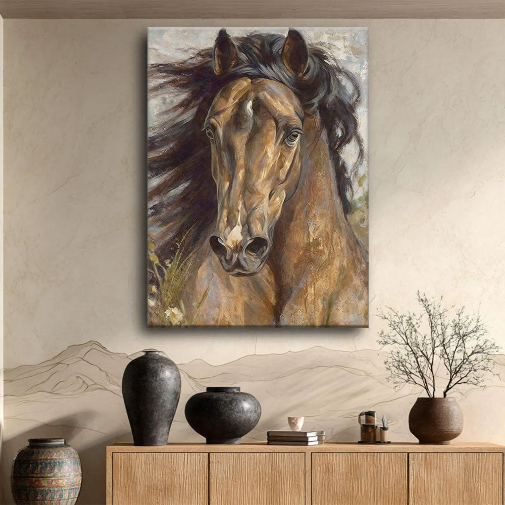 Earthbound Gaze horse wall art, displayed above a wooden console.