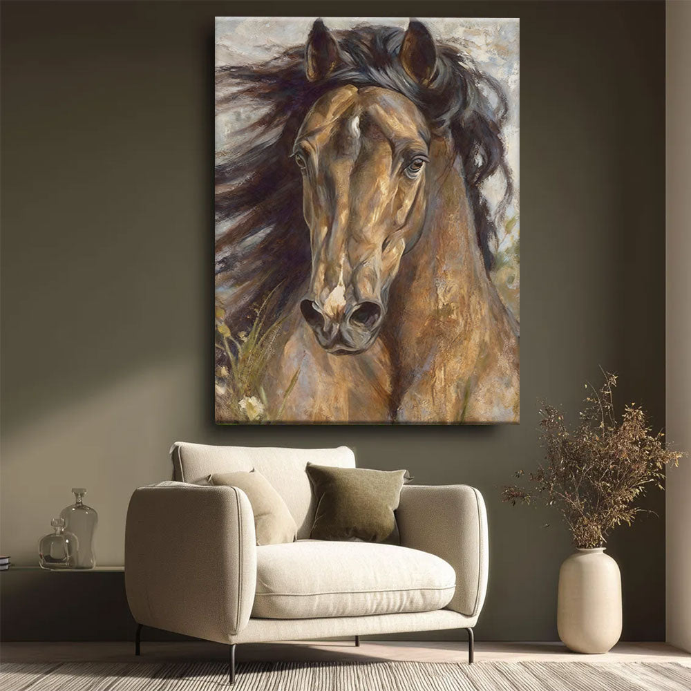 Earthbound Gaze horse wall art, styled beside a neutral armchair.
