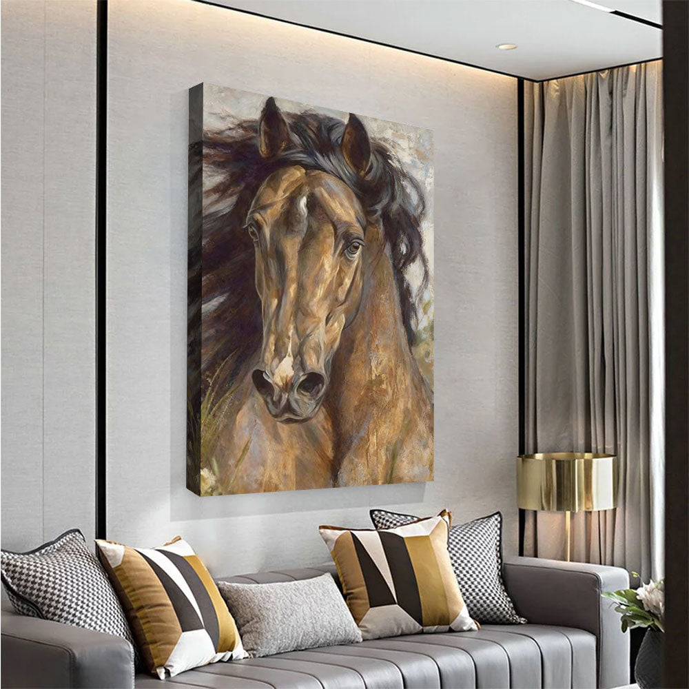 Earthbound Gaze horse wall art, angled view above a neutral sofa.