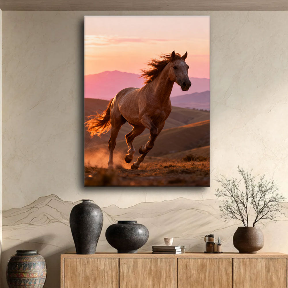 Sunset Gallop horse wall art, displayed above a wooden console.