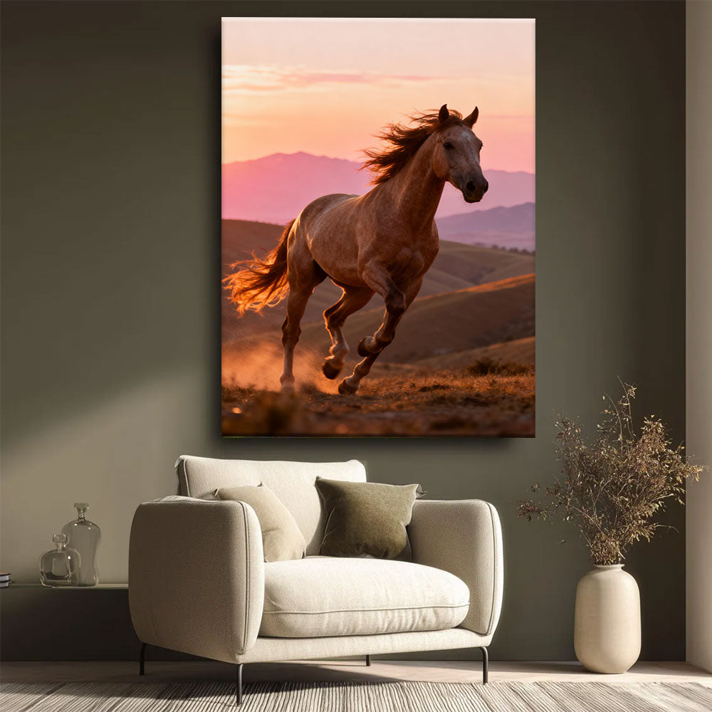 Sunset Gallop horse wall art, styled beside a neutral armchair.