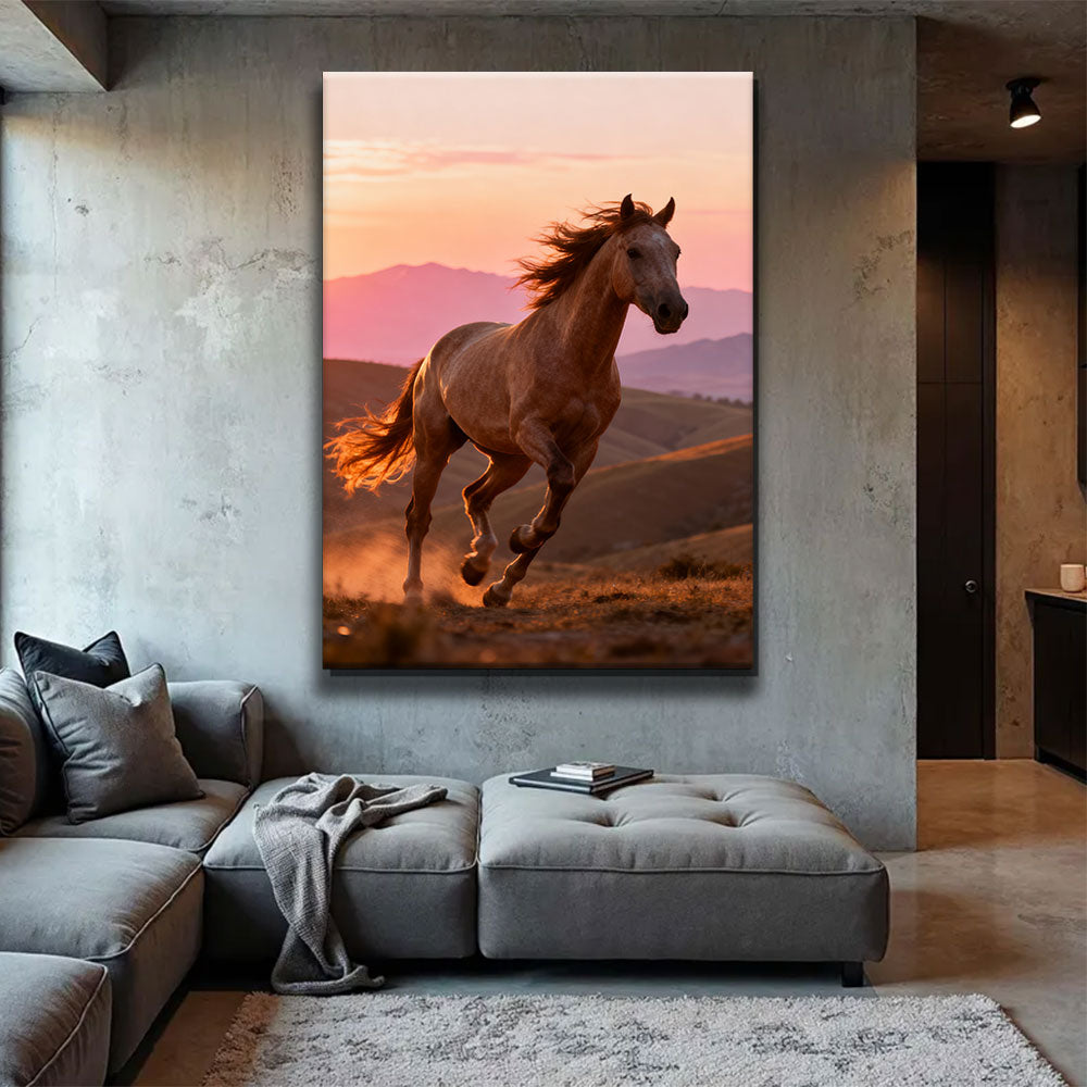 Sunset Gallop horse wall art, displayed above a gray sofa.