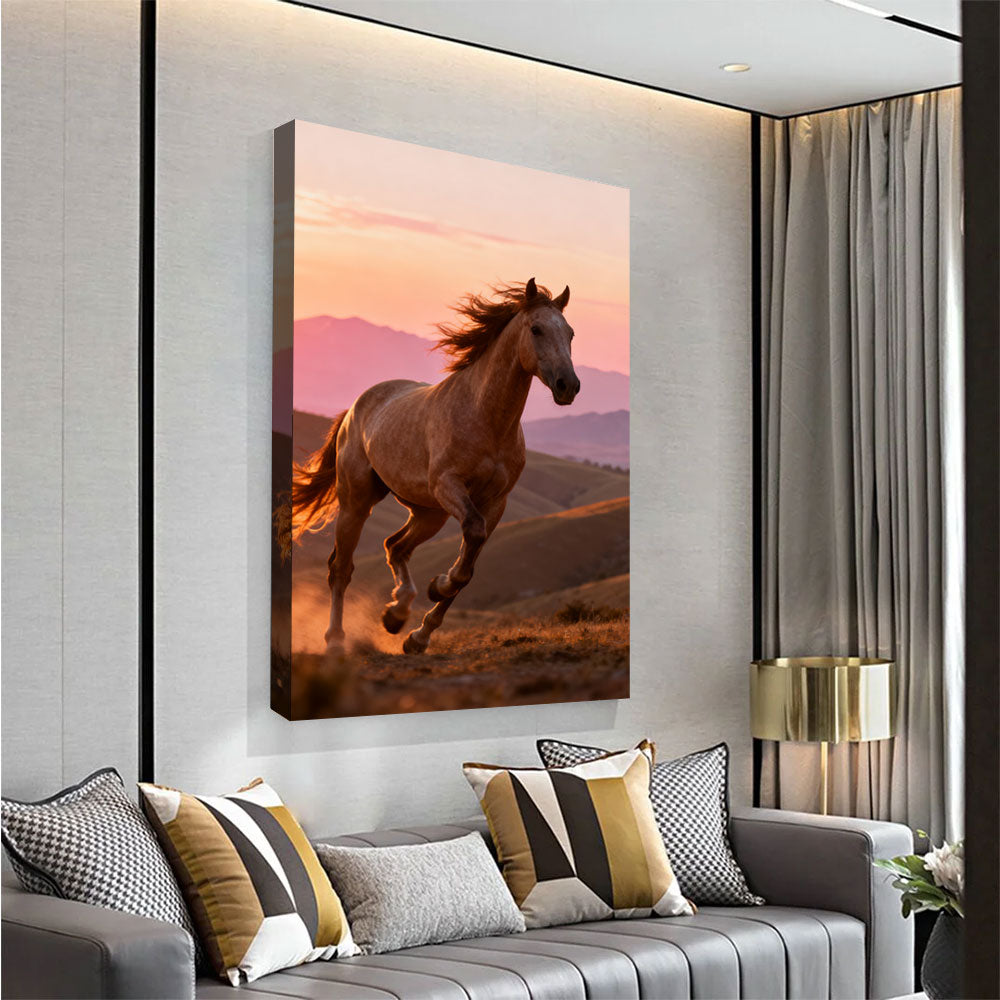 Sunset Gallop horse wall art, angled view above a neutral sofa.