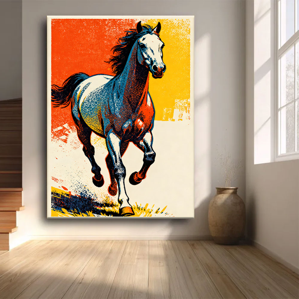 Electric Hooves horse wall art, front view in a softly lit room.
