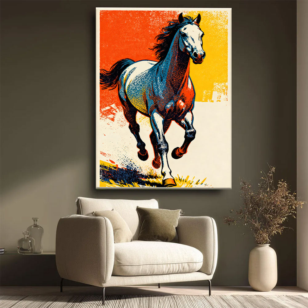 Electric Hooves horse wall art, styled beside a neutral armchair.
