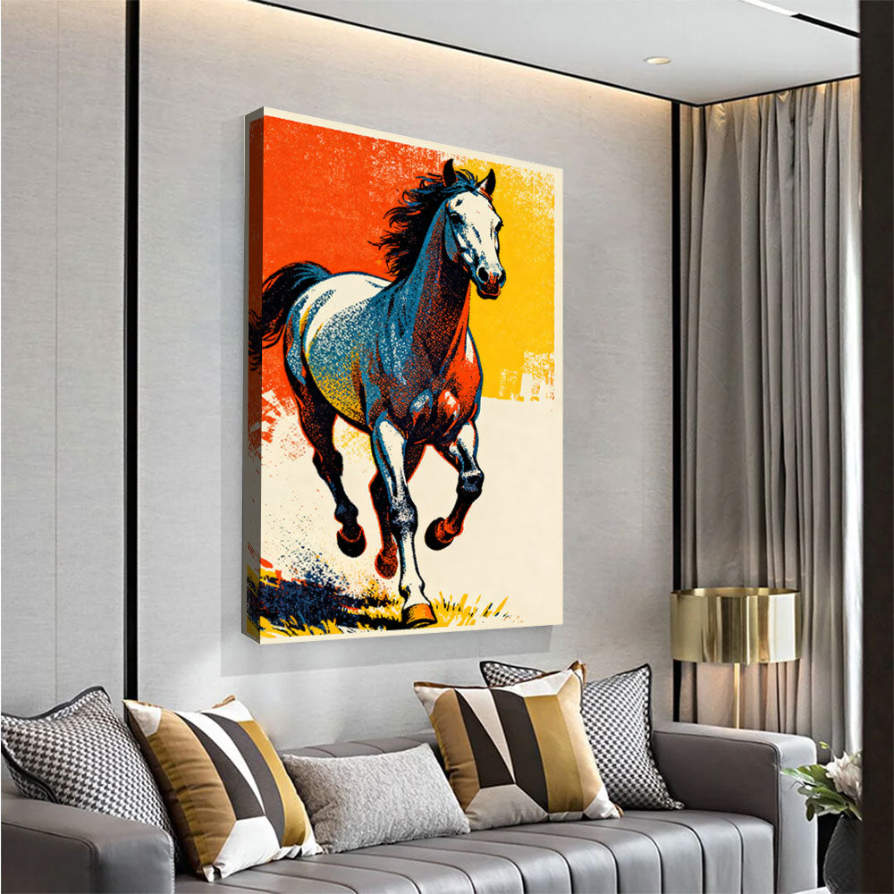 Electric Hooves horse wall art, angled view above a neutral sofa.