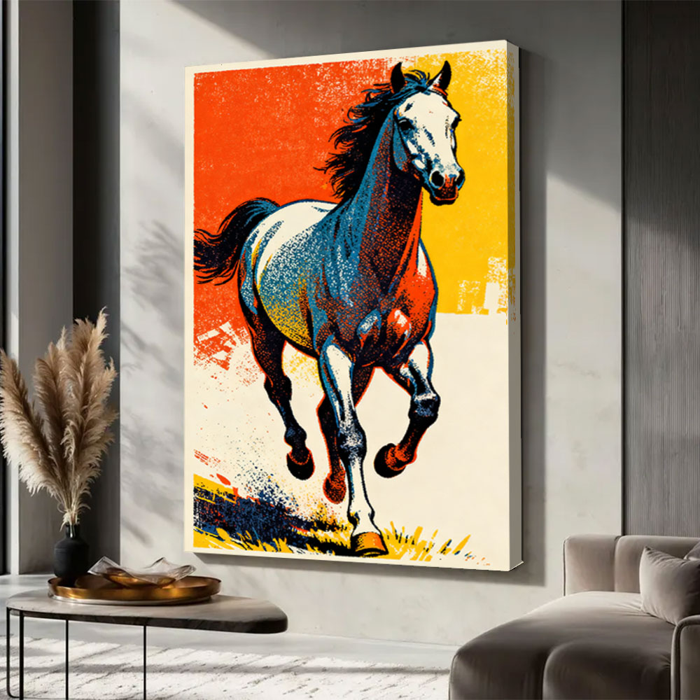 Electric Hooves horse wall art, displayed in a neutral living space.