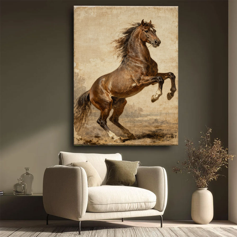 Sepia Spirit horse wall art, styled beside a neutral armchair.