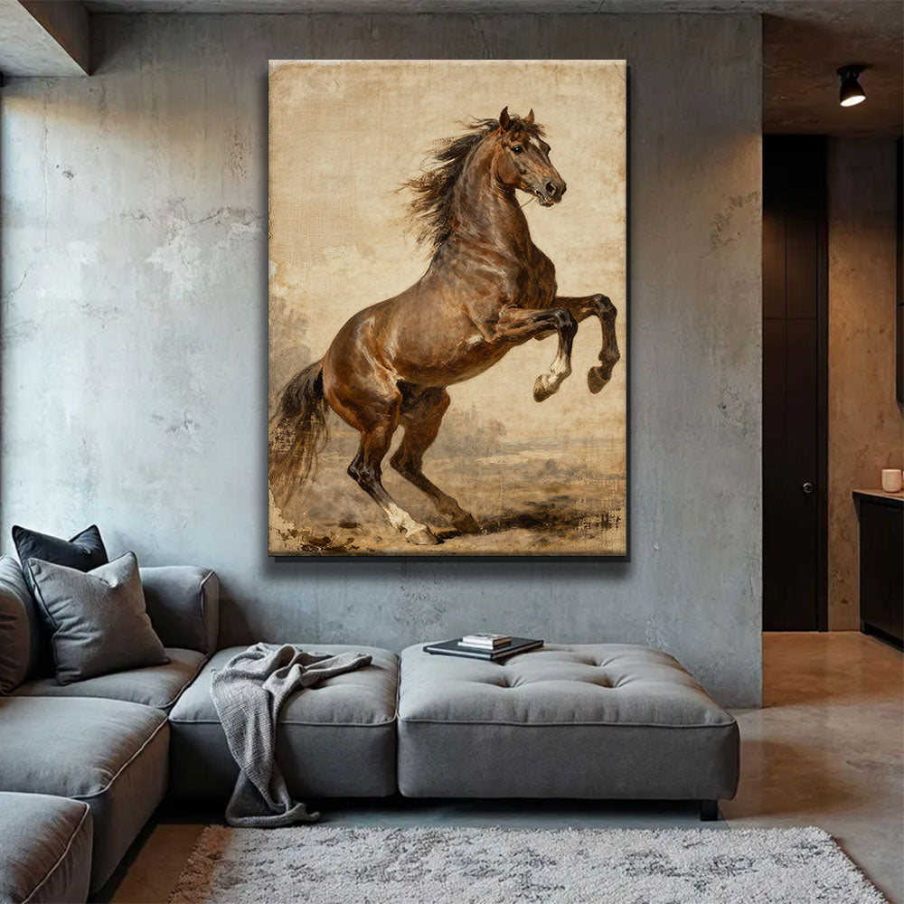 Sepia Spirit horse wall art, displayed above a gray sofa.