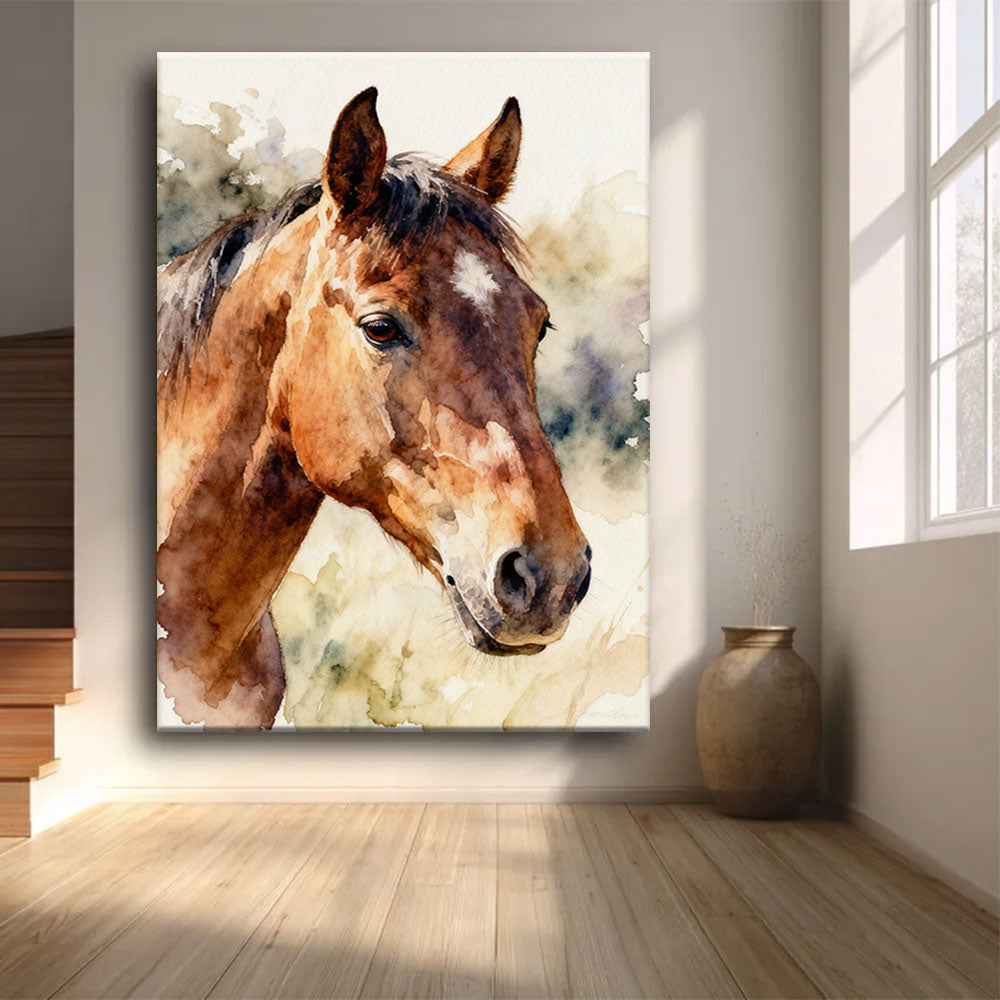 Gentle Chestnut horse wall art, front view in a softly lit room.