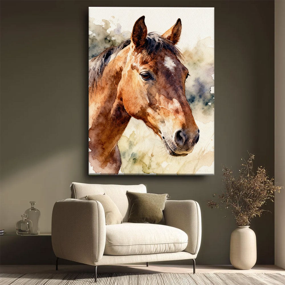 Gentle Chestnut horse wall art, styled beside a neutral armchair.
