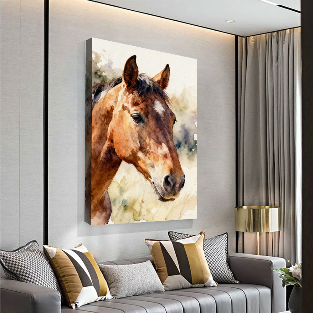 Gentle Chestnut horse wall art, angled view above a neutral sofa.