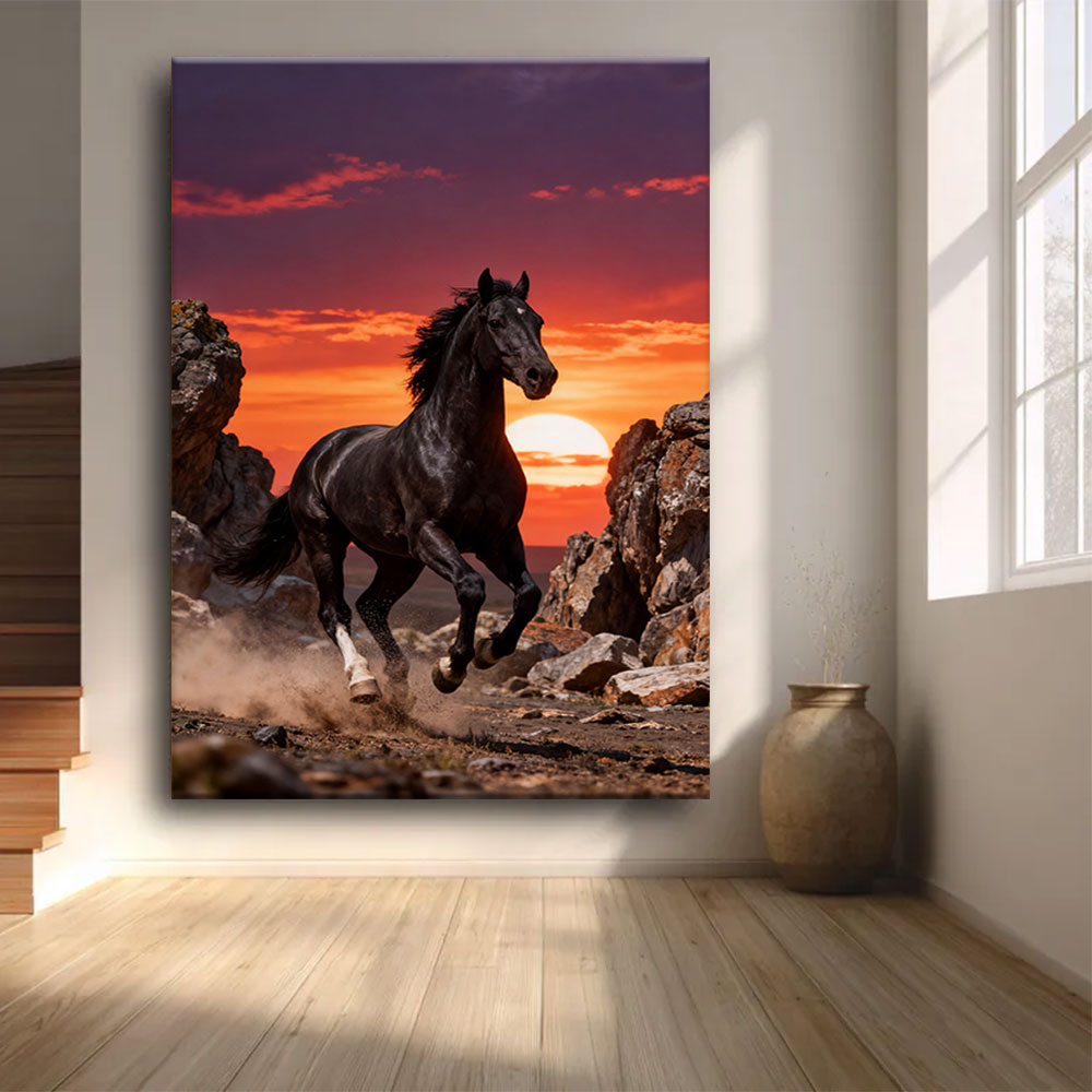 Canyon Ember horse wall art, front view in a softly lit room.
