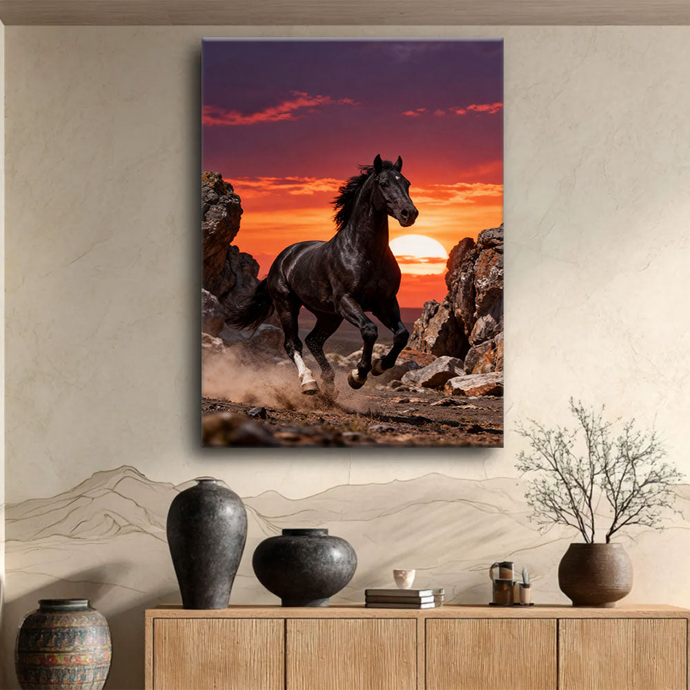 Canyon Ember horse wall art, displayed above a wooden console.