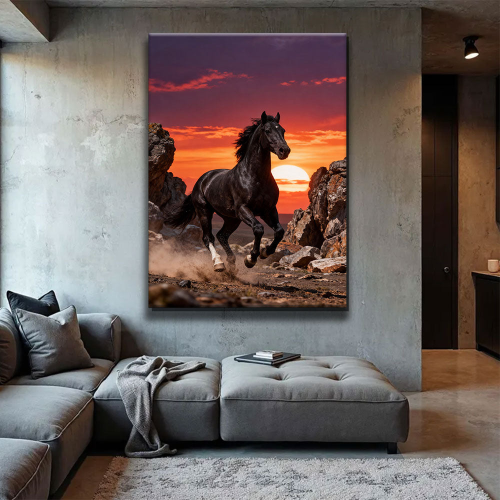 Canyon Ember horse wall art, displayed above a gray sofa.