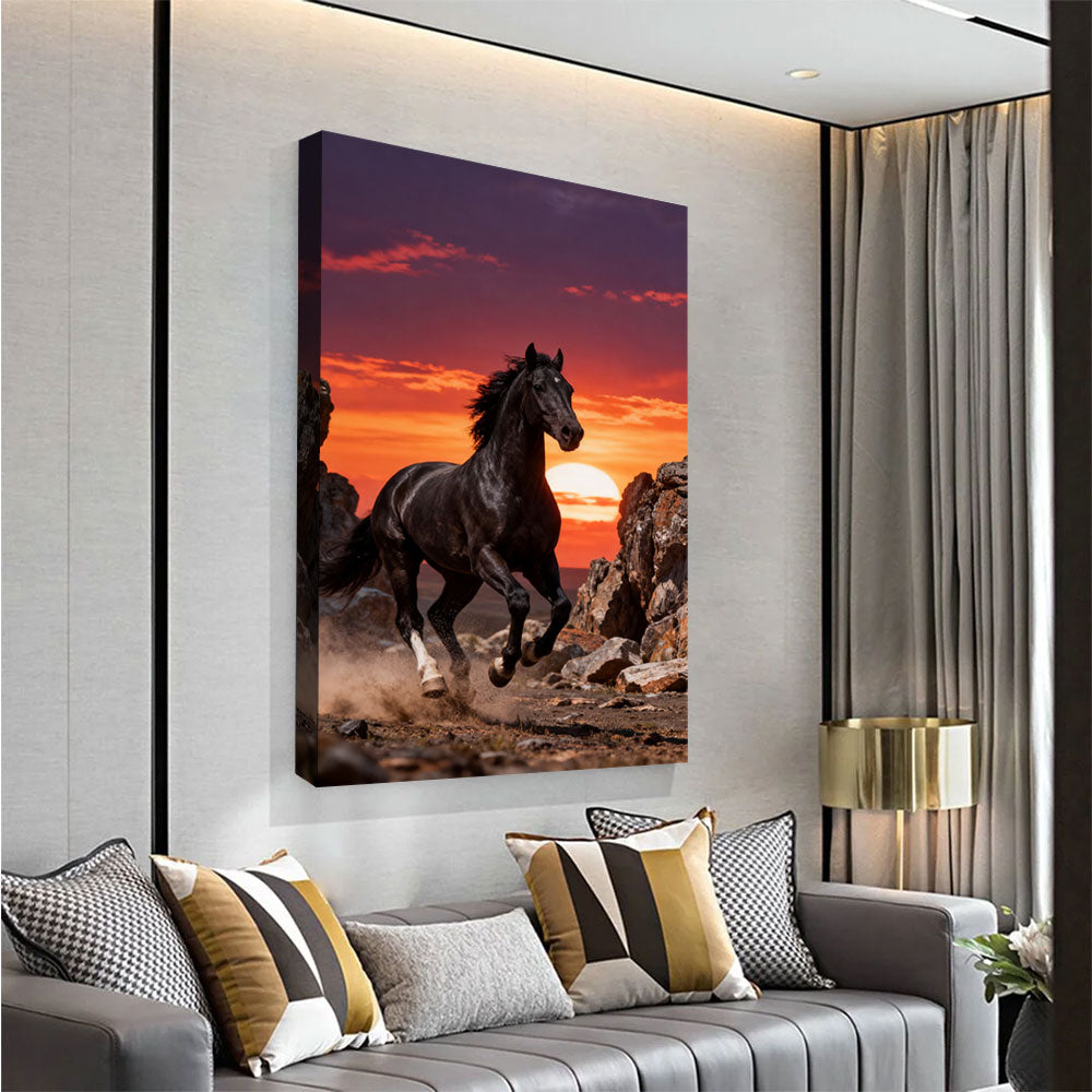 Canyon Ember horse wall art, angled view above a neutral sofa.