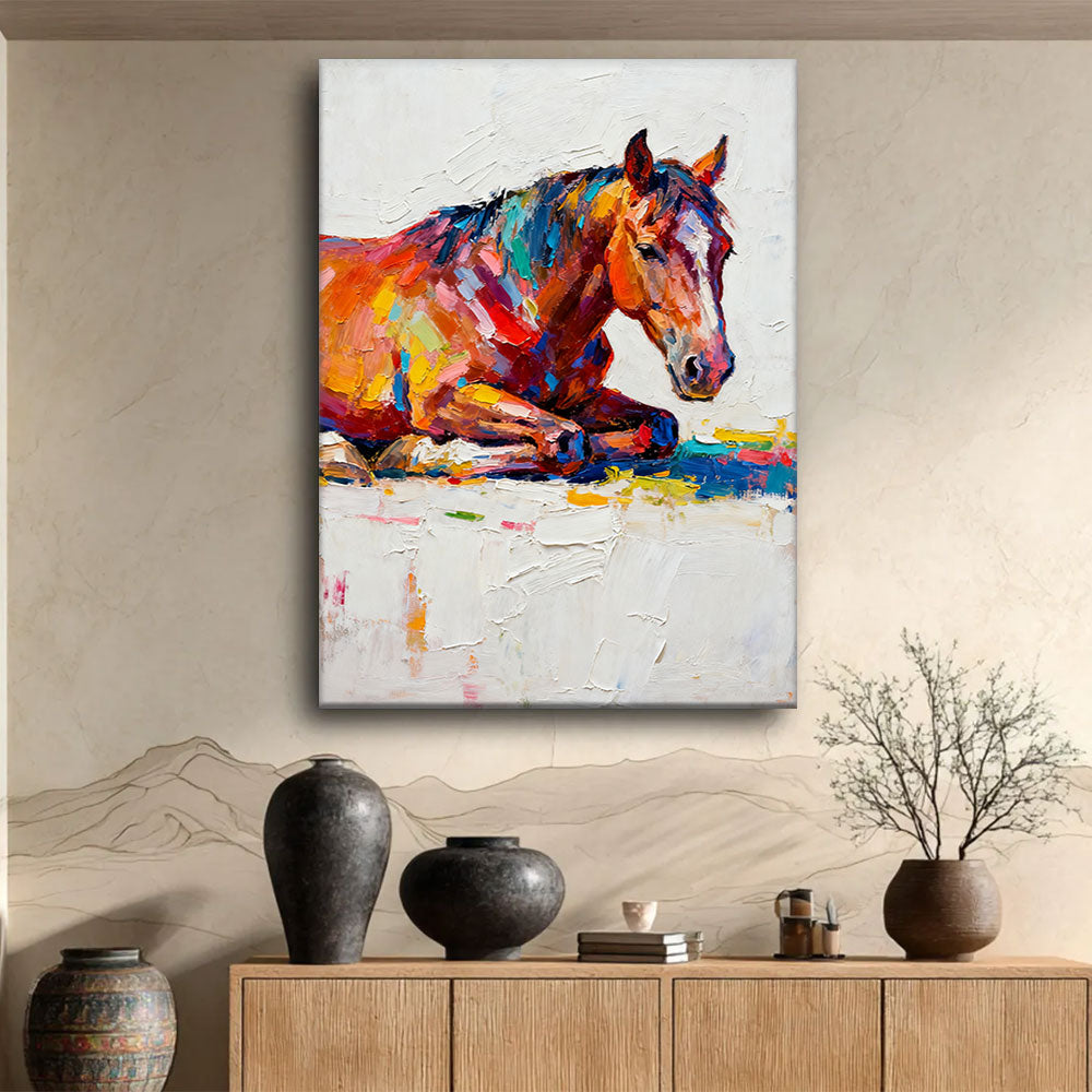 Rest in Full Color horse wall art, displayed above a wooden console.