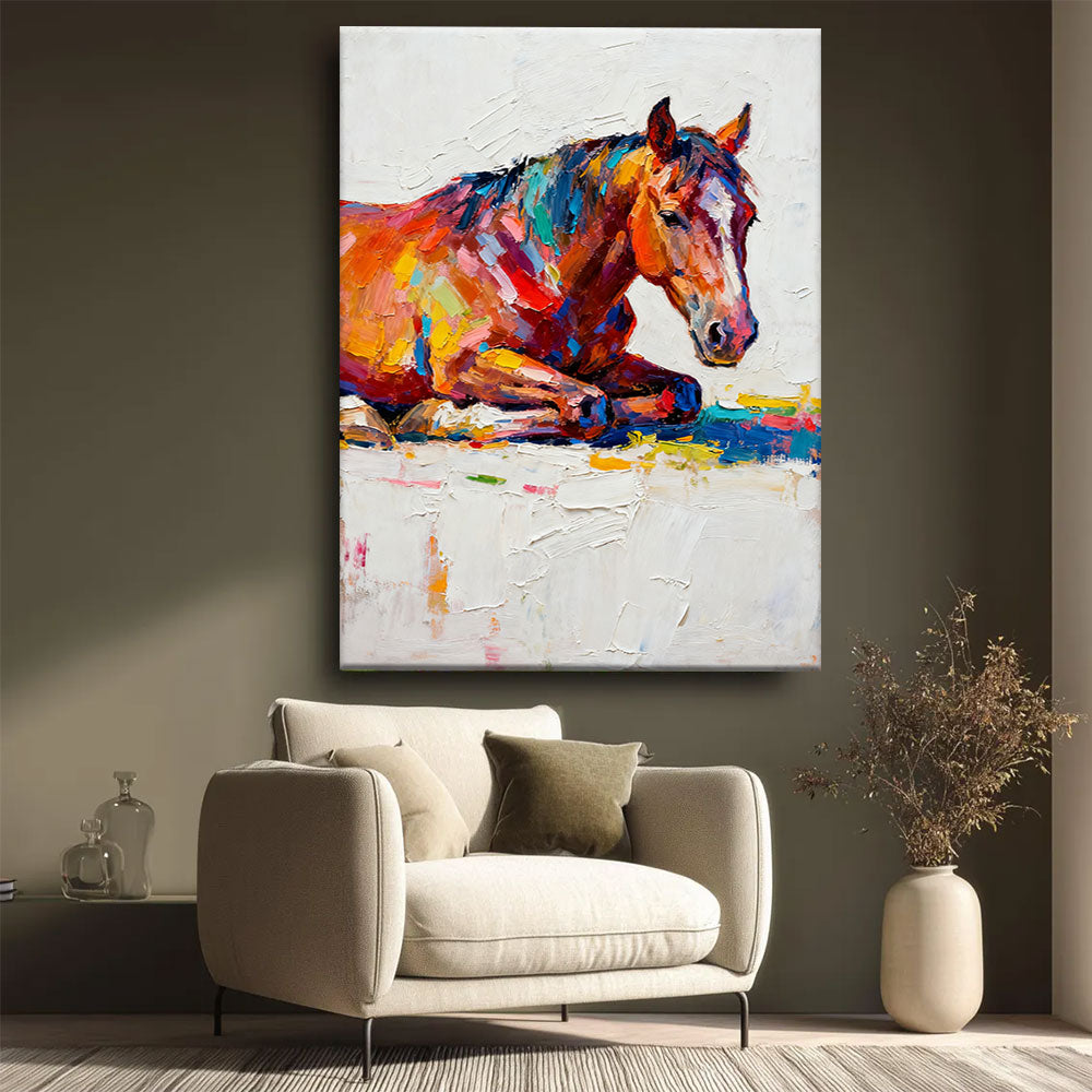 Rest in Full Color horse wall art, styled beside a neutral armchair.