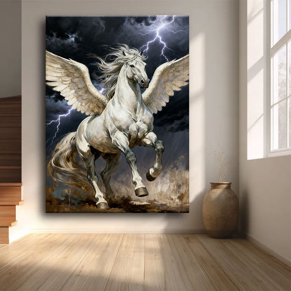 Wings of the Storm horse wall art, front view in a softly lit room.