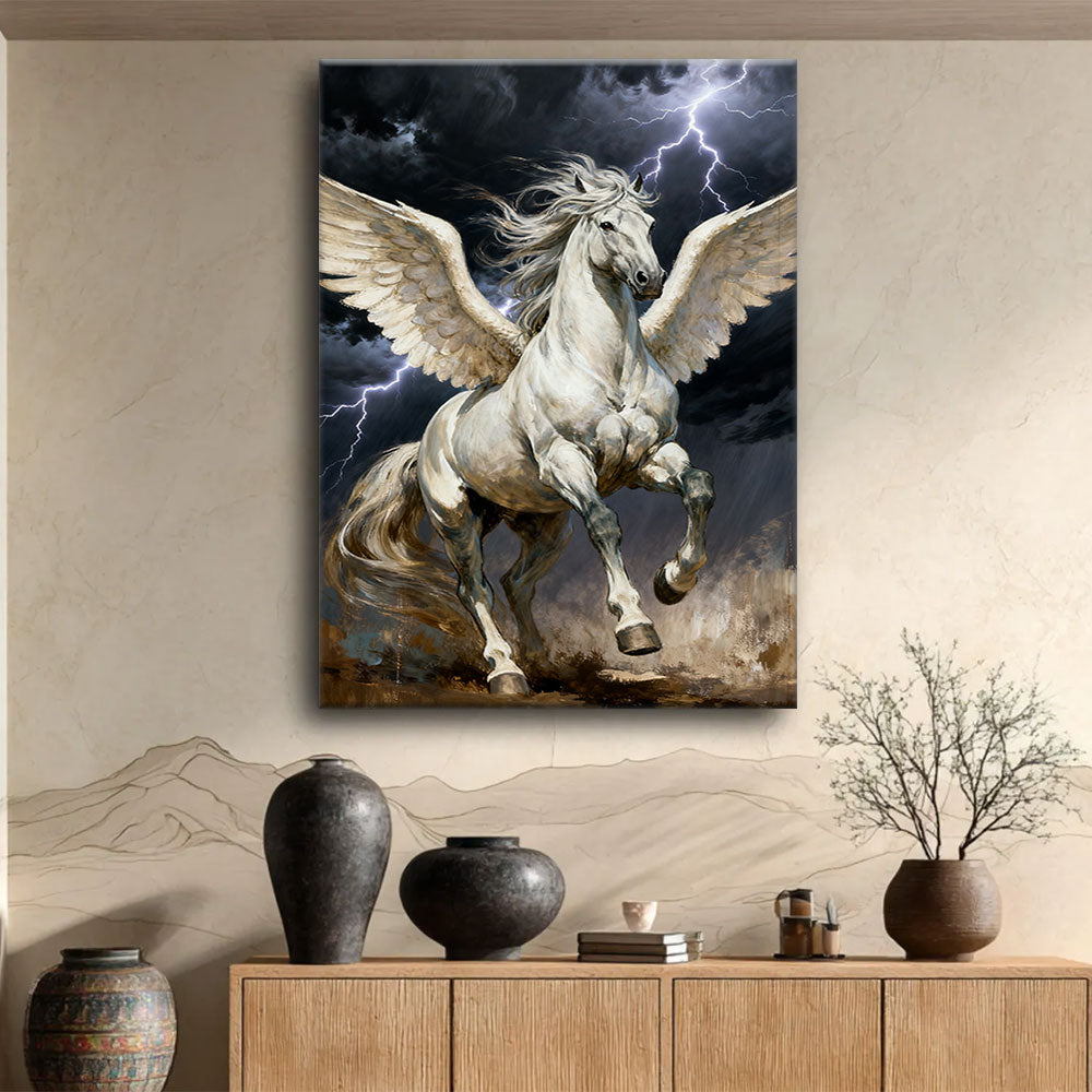 Wings of the Storm horse wall art, displayed above a wooden console.
