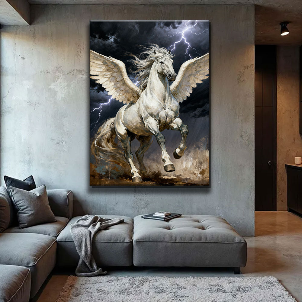 Wings of the Storm horse wall art, displayed above a gray sofa.