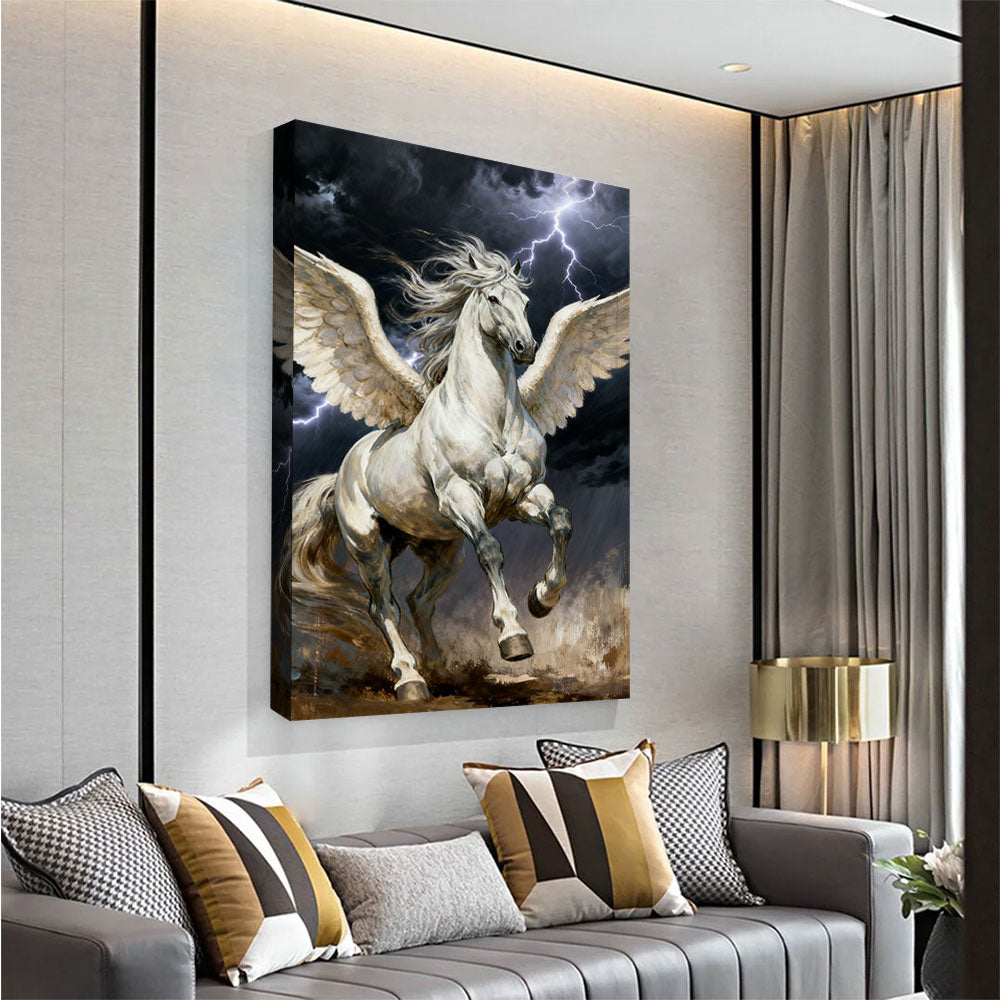 Wings of the Storm horse wall art, angled view above a neutral sofa.