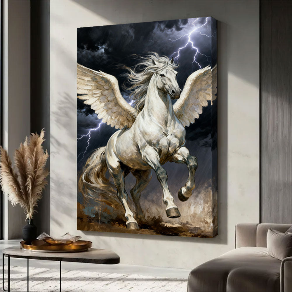Wings of the Storm horse wall art, displayed in a neutral living space.