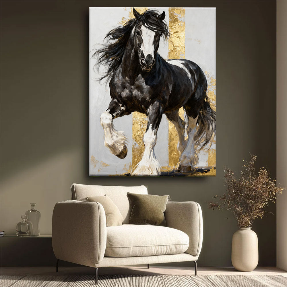 Bold in Black and White horse wall art, styled beside a neutral armchair.