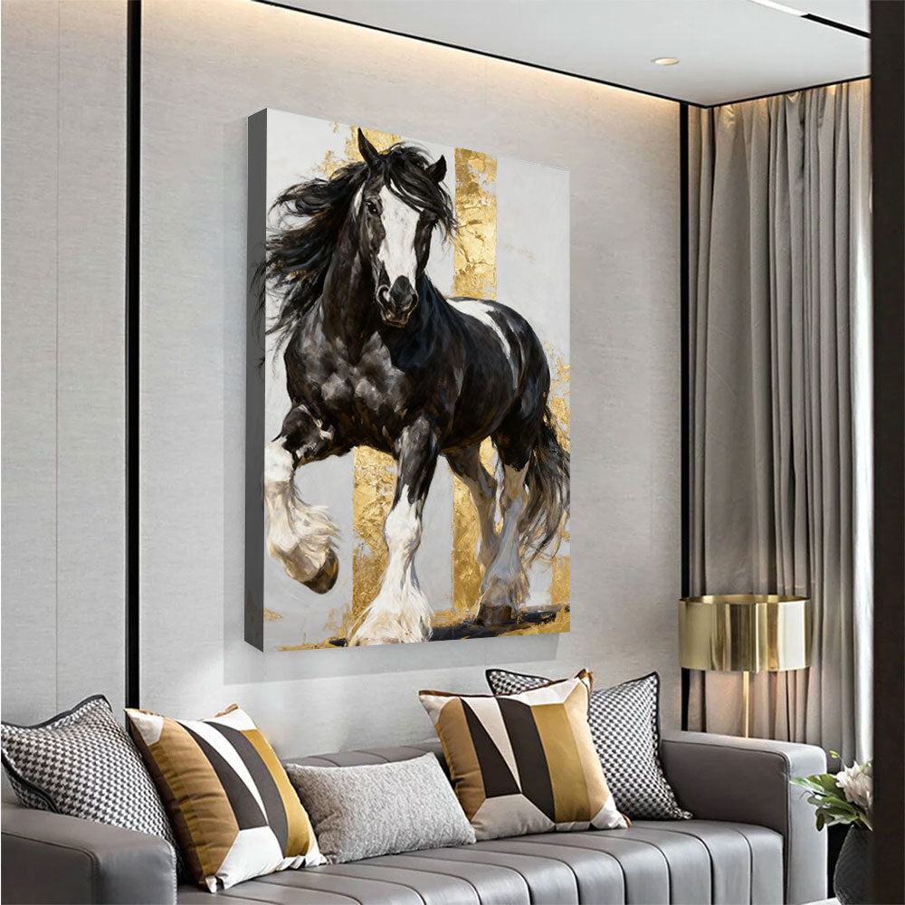 Bold in Black and White horse wall art, angled view above a neutral sofa.