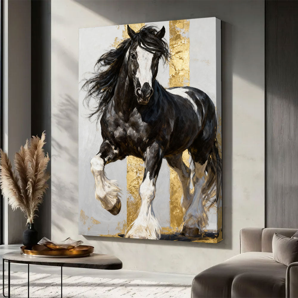 Bold in Black and White horse wall art, displayed in a neutral living space.