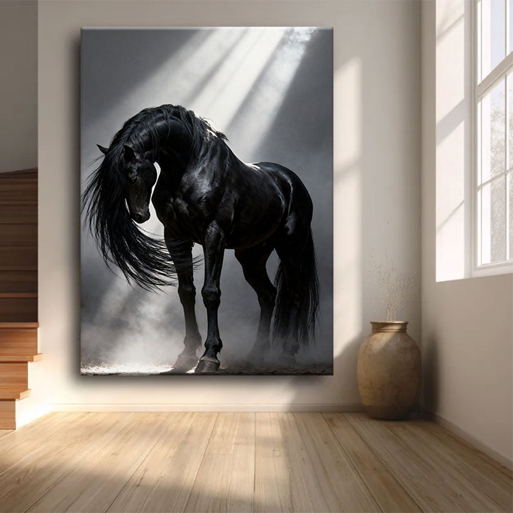 Velvet Shadow horse wall art, front view in a softly lit room.