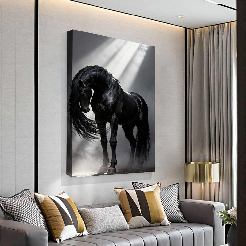 Velvet Shadow horse wall art, angled view above a neutral sofa.