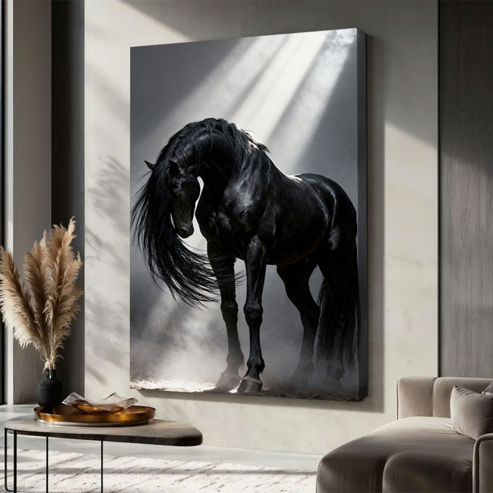 Velvet Shadow horse wall art, displayed in a neutral living space.