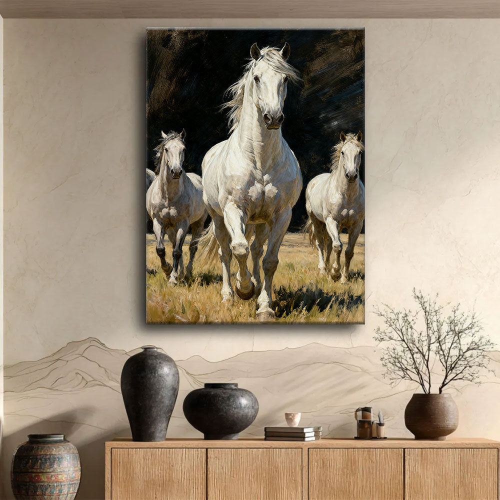 White Horses at Daybreak horse wall art, displayed above a wooden console.