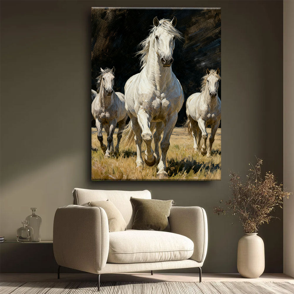 White Horses at Daybreak horse wall art, styled beside a neutral armchair.