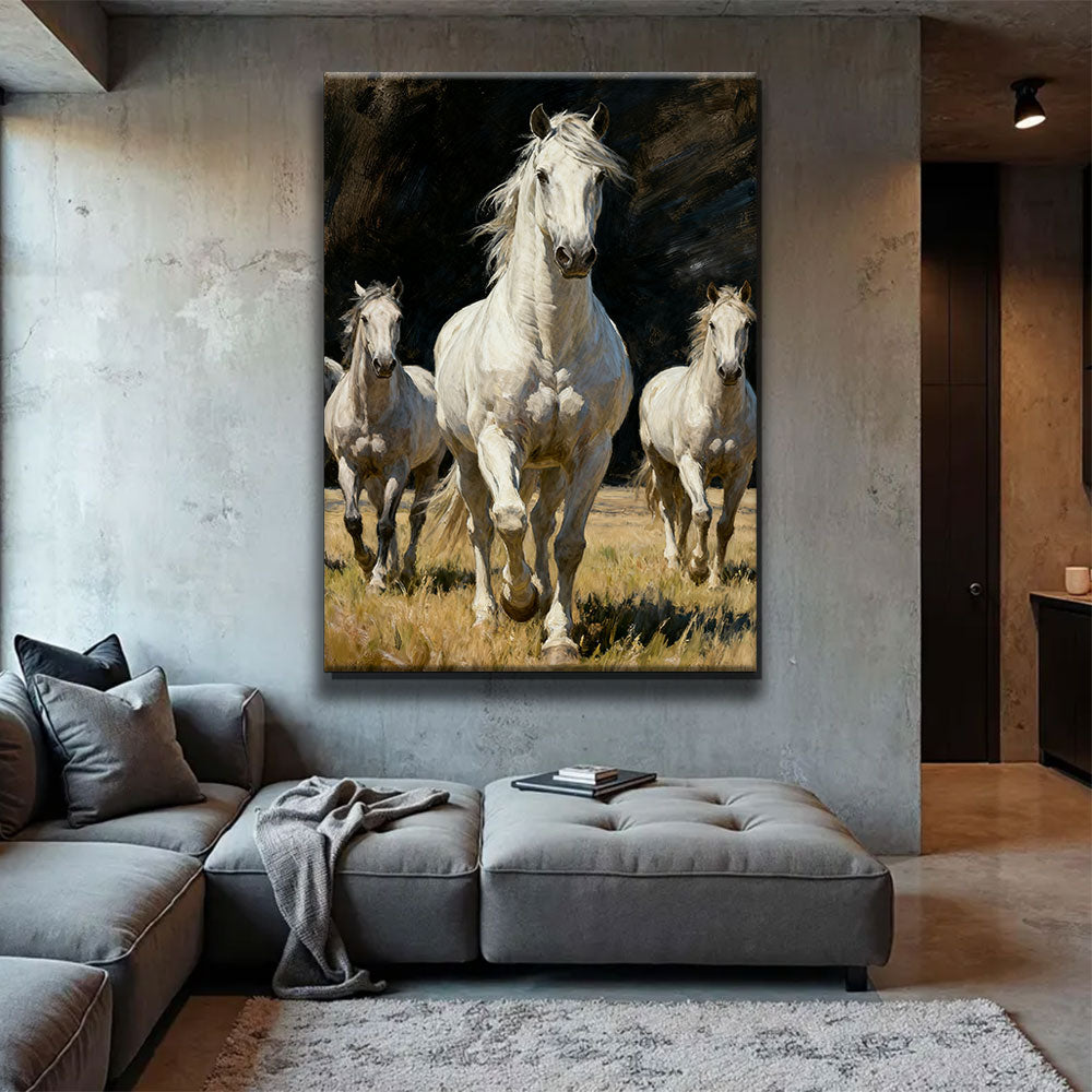 White Horses at Daybreak horse wall art, displayed above a gray sofa.