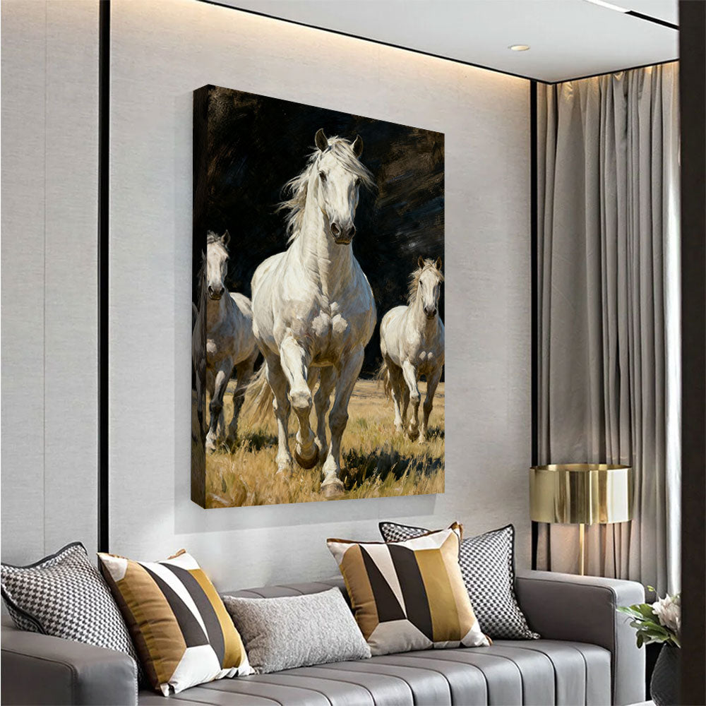 White Horses at Daybreak horse wall art, angled view above a neutral sofa.